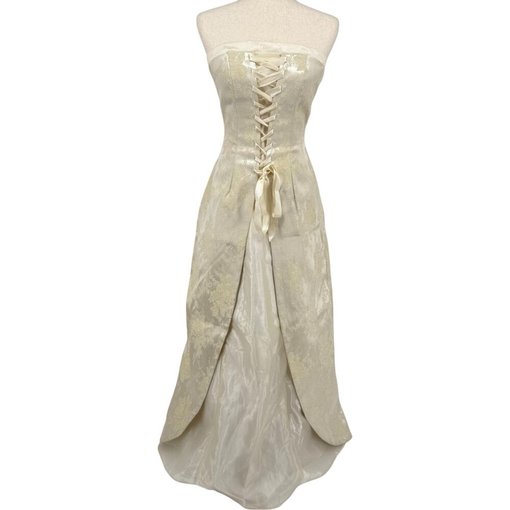 VTG 90s y2k Womens Jacquard Brocade Masquerade Strapless Basque Corset Dress 3/4